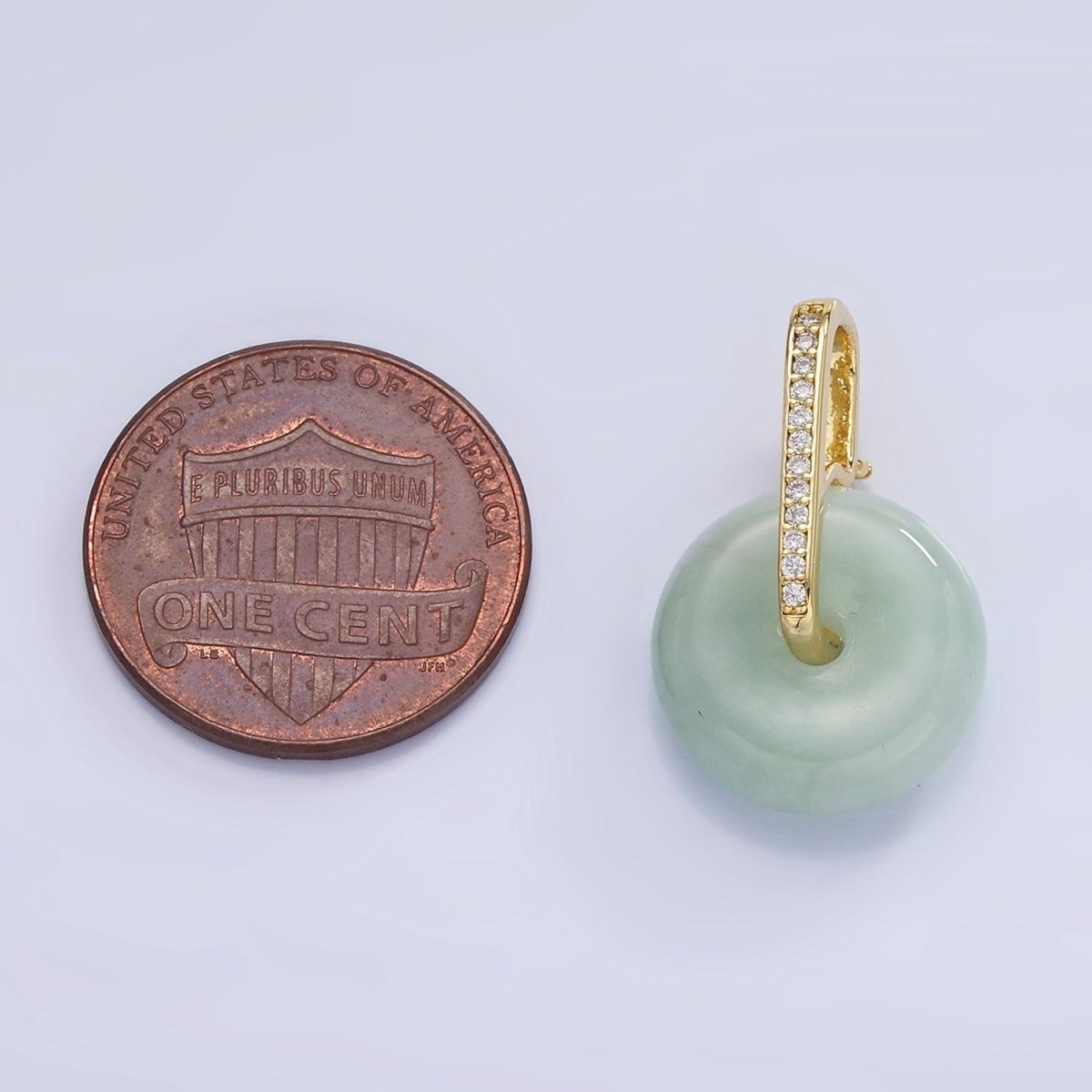 14K Gold Filled Green Jade Gemstone Donut Micro Paved CZ Linear Bail Pendant in Gold & Silver | AH159