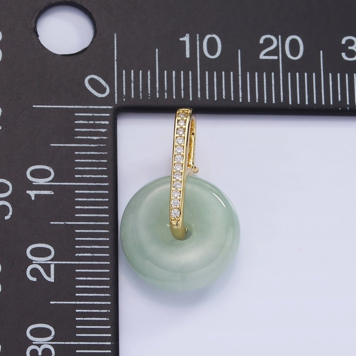 14K Gold Filled Green Jade Gemstone Donut Micro Paved CZ Linear Bail Pendant in Gold & Silver | AH159