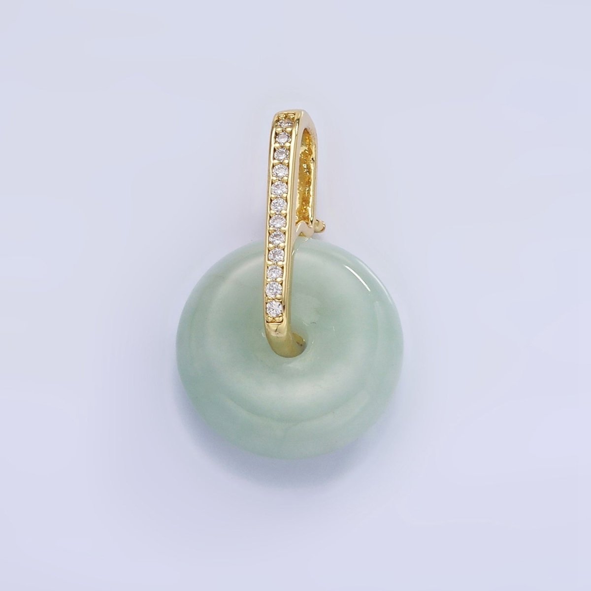 14K Gold Filled Green Jade Gemstone Donut Micro Paved CZ Linear Bail Pendant in Gold & Silver | AH159