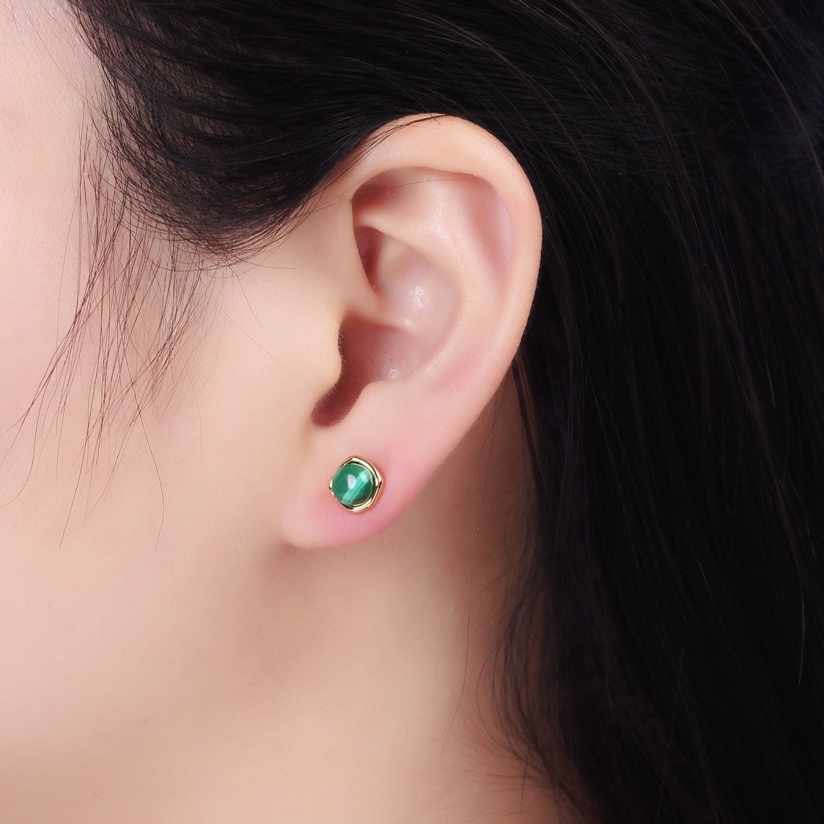 14K Gold Filled Green Malachite Stud Earrings AB1306 - DLUXCA