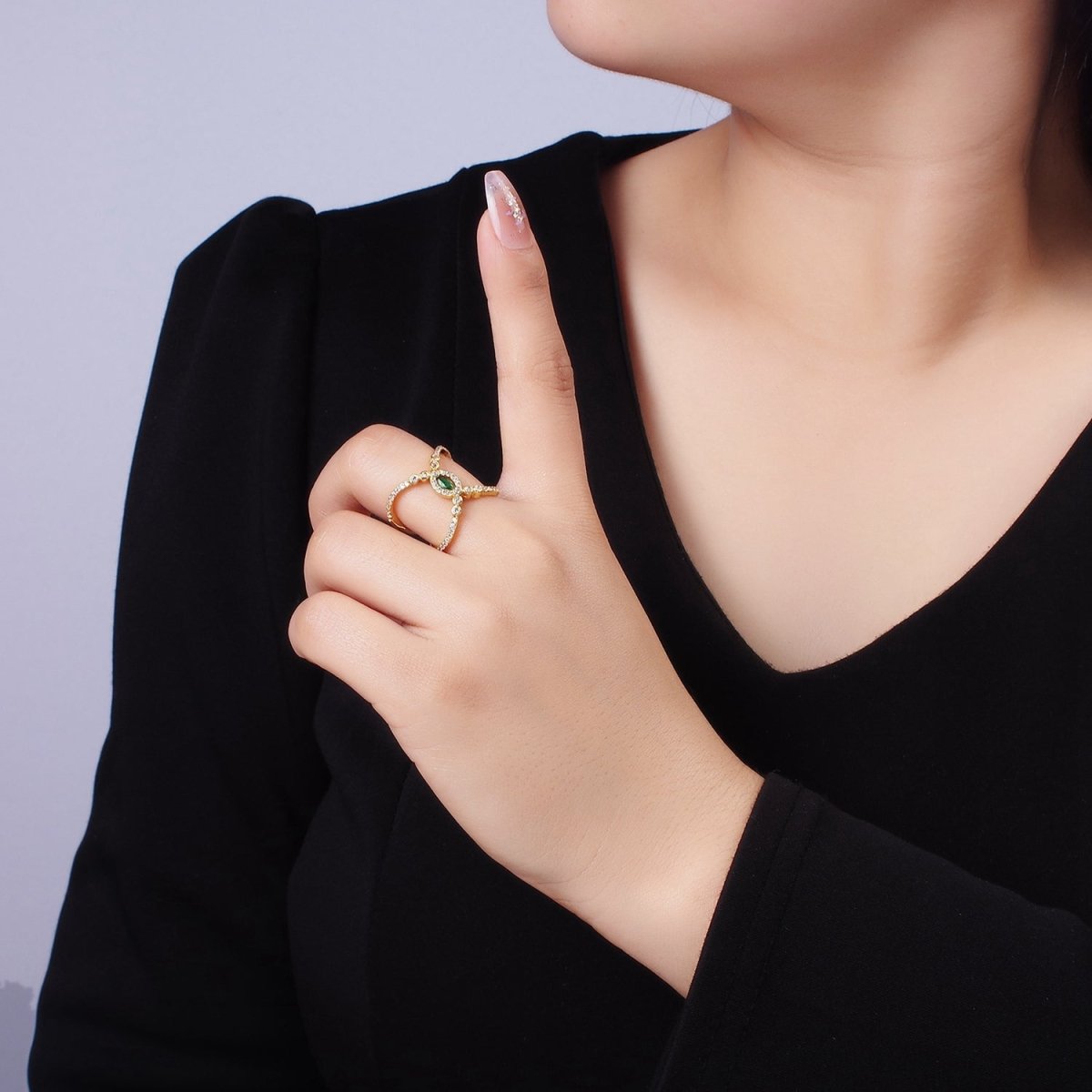 14K Gold Filled Green Marquise CZ Micro Paved Double Band Ring | O1319 - DLUXCA