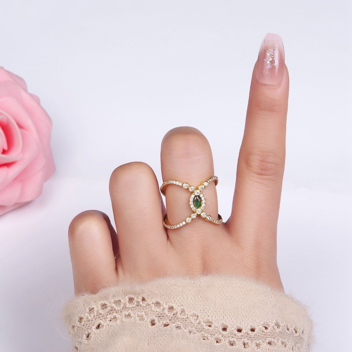 14K Gold Filled Green Marquise CZ Micro Paved Double Band Ring | O1319 - DLUXCA