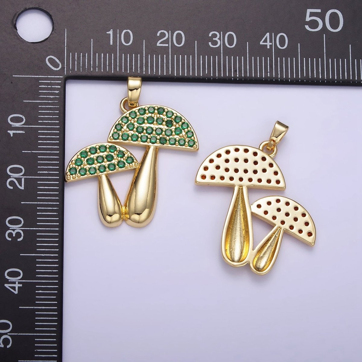14K Gold Filled Green, Orange Micro Paved CZ Mushroom Plant Nature Pendant | AH152