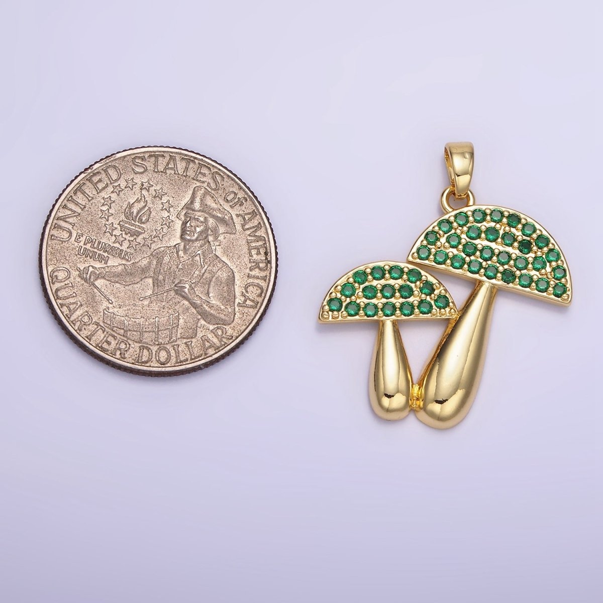 14K Gold Filled Green, Orange Micro Paved CZ Mushroom Plant Nature Pendant | AH152