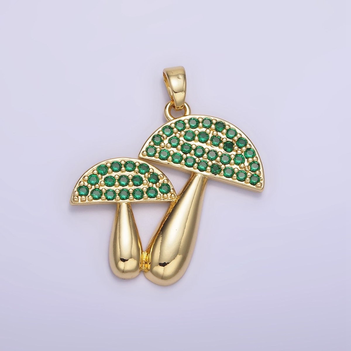 14K Gold Filled Green, Orange Micro Paved CZ Mushroom Plant Nature Pendant | AH152