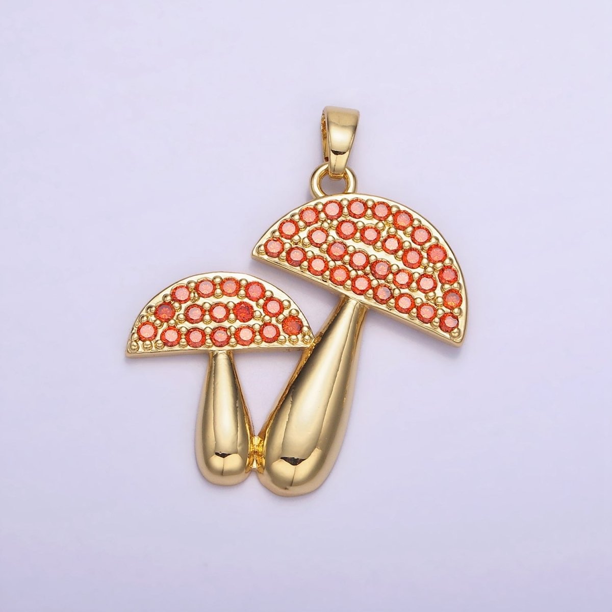 14K Gold Filled Green, Orange Micro Paved CZ Mushroom Plant Nature Pendant | AH152