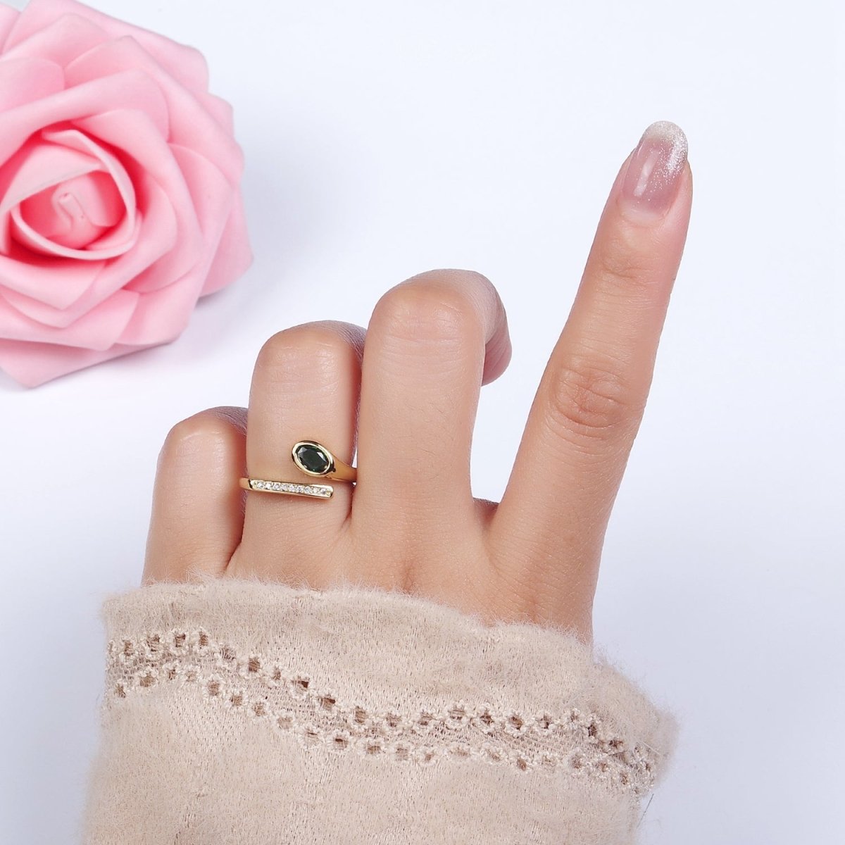 14K Gold Filled Green Oval CZ Clear Micro Paved Band Open Ring | O-569 - DLUXCA