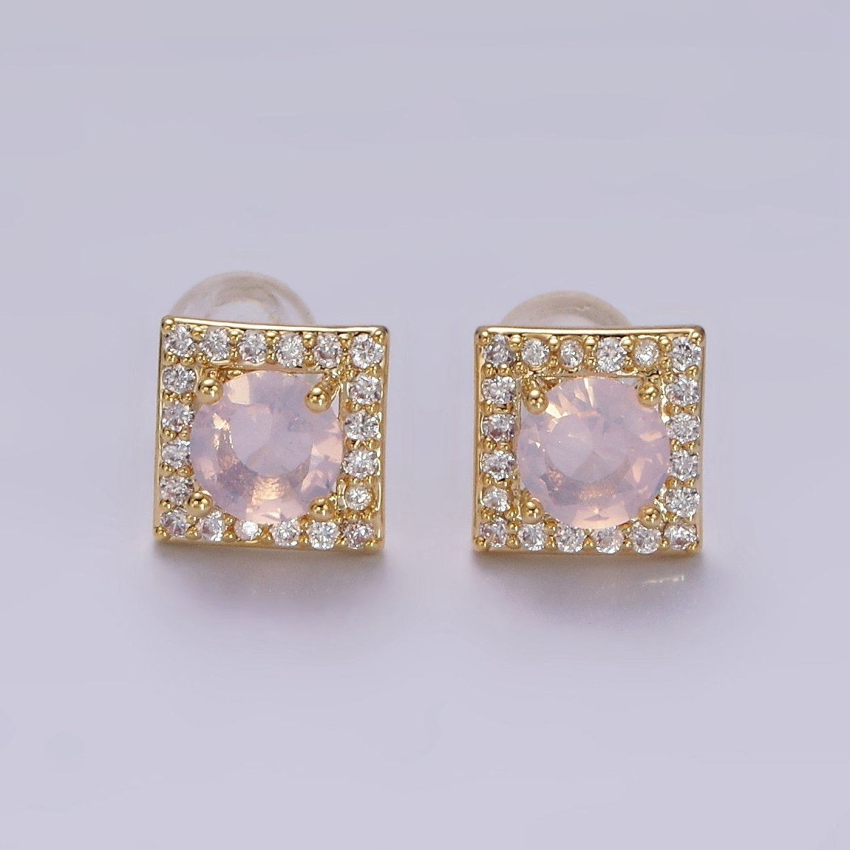 14K Gold Filled Green, Pink, Clear, Blue, Green CZ Micro Paved Square Stud Earrings in Gold & Silver | V320
