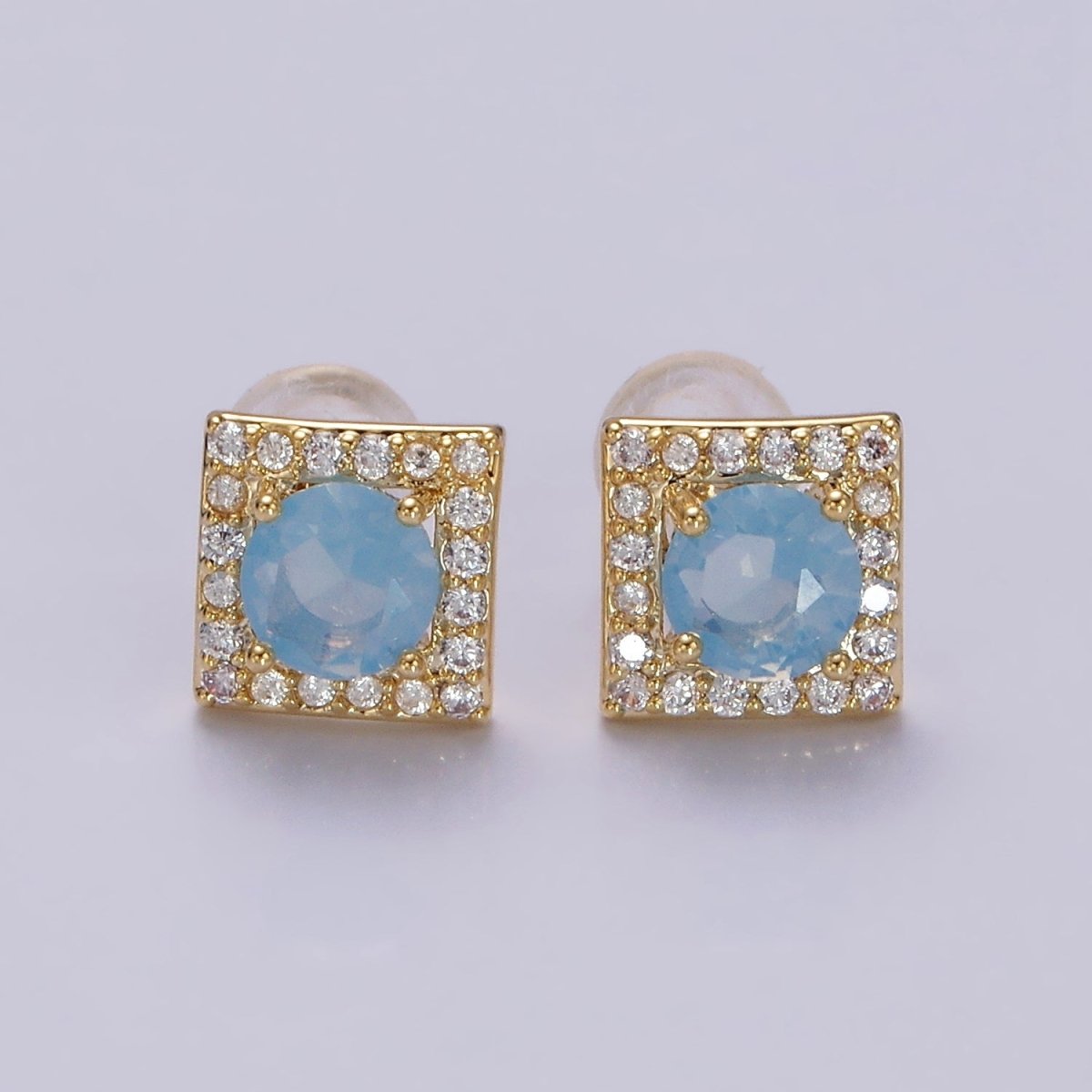 14K Gold Filled Green, Pink, Clear, Blue, Green CZ Micro Paved Square Stud Earrings in Gold & Silver | V320