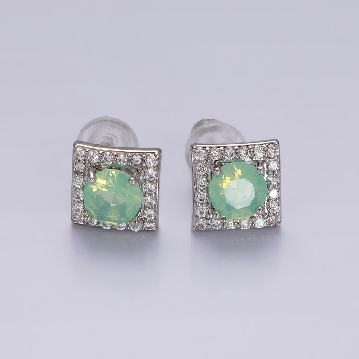 14K Gold Filled Green, Pink, Clear, Blue, Green CZ Micro Paved Square Stud Earrings in Gold & Silver | V320