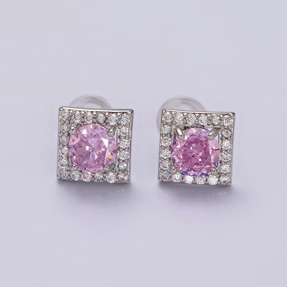 14K Gold Filled Green, Pink, Clear, Blue, Green CZ Micro Paved Square Stud Earrings in Gold & Silver | V320