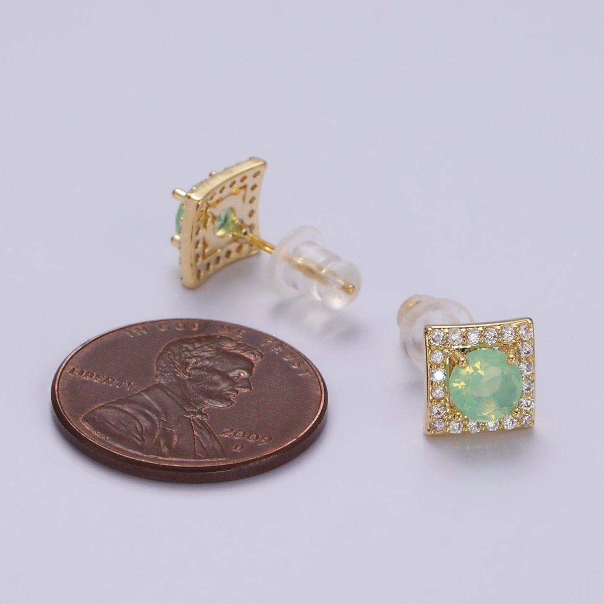 14K Gold Filled Green, Pink, Clear, Blue, Green CZ Micro Paved Square Stud Earrings in Gold & Silver | V320