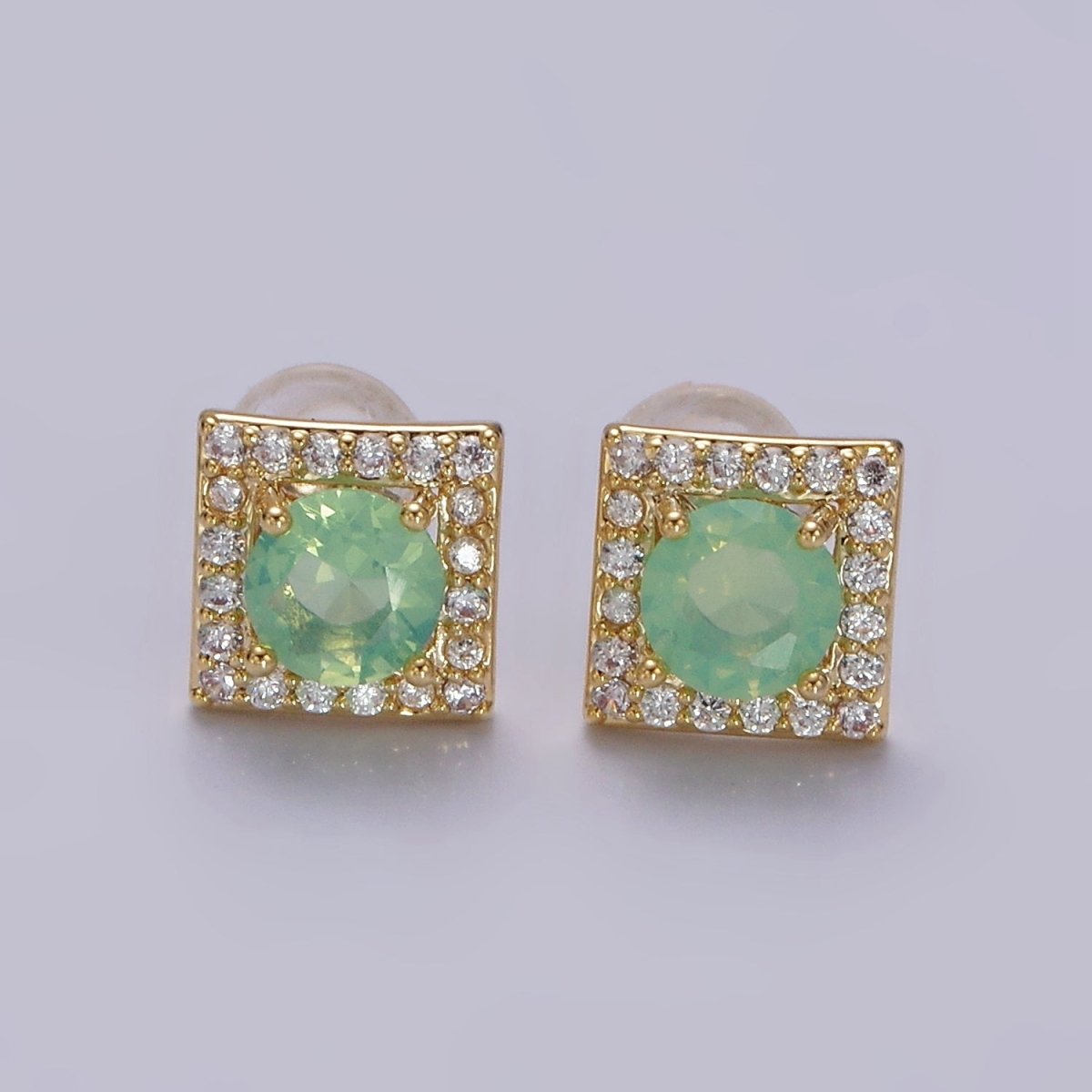 14K Gold Filled Green, Pink, Clear, Blue, Green CZ Micro Paved Square Stud Earrings in Gold & Silver | V320