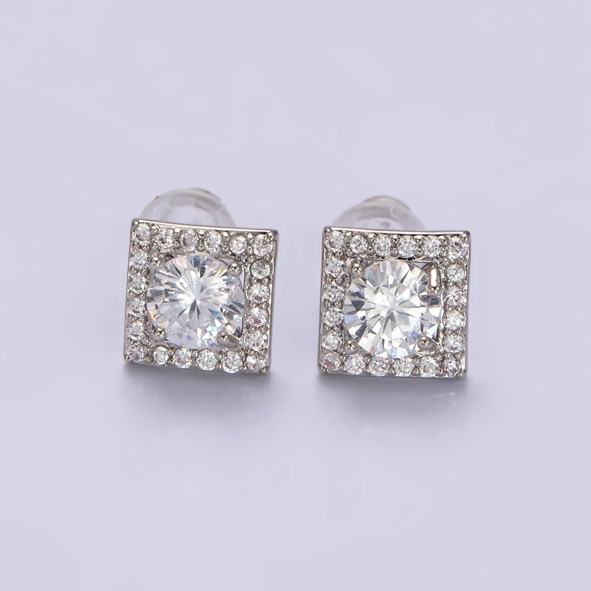 14K Gold Filled Green, Pink, Clear, Blue, Green CZ Micro Paved Square Stud Earrings in Gold & Silver | V320