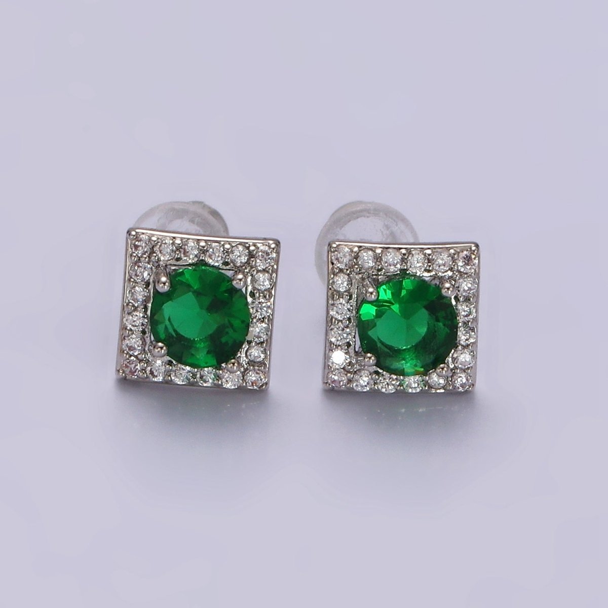 14K Gold Filled Green, Pink, Clear, Blue, Green CZ Micro Paved Square Stud Earrings in Gold & Silver | V320