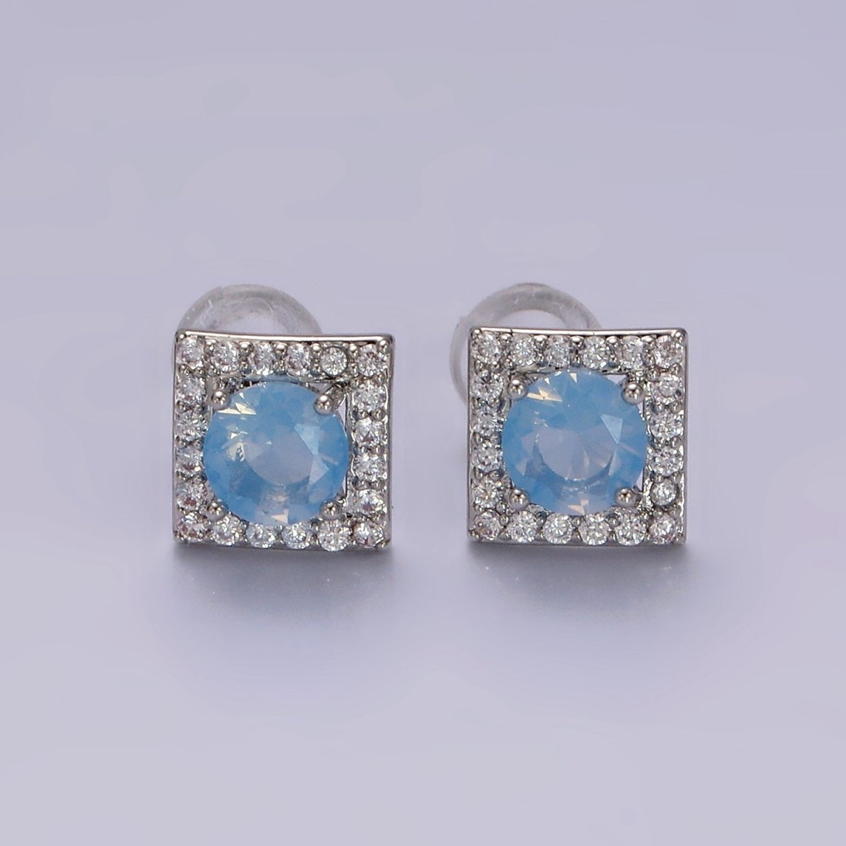 14K Gold Filled Green, Pink, Clear, Blue, Green CZ Micro Paved Square Stud Earrings in Gold & Silver | V320