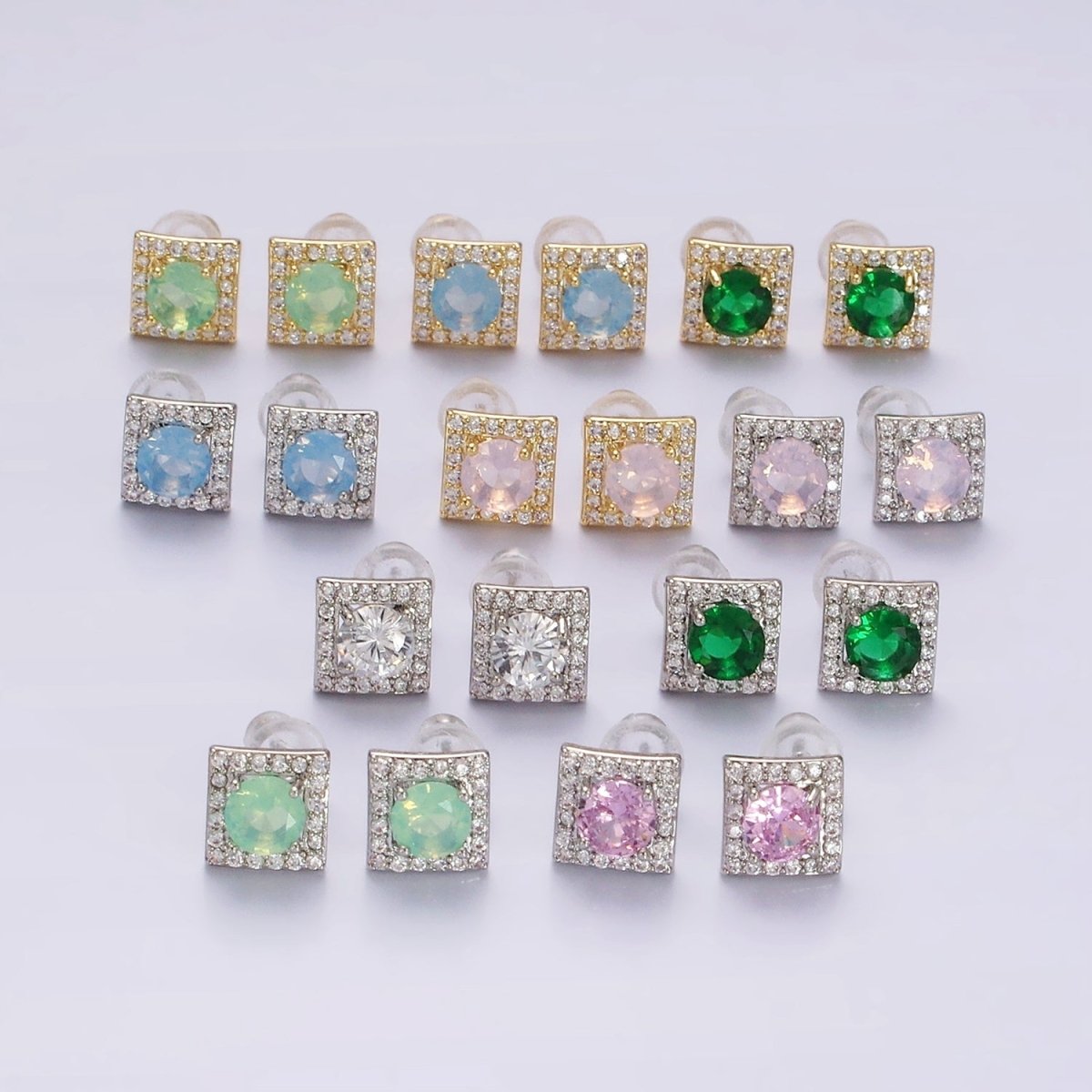 14K Gold Filled Green, Pink, Clear, Blue, Green CZ Micro Paved Square Stud Earrings in Gold & Silver | V320