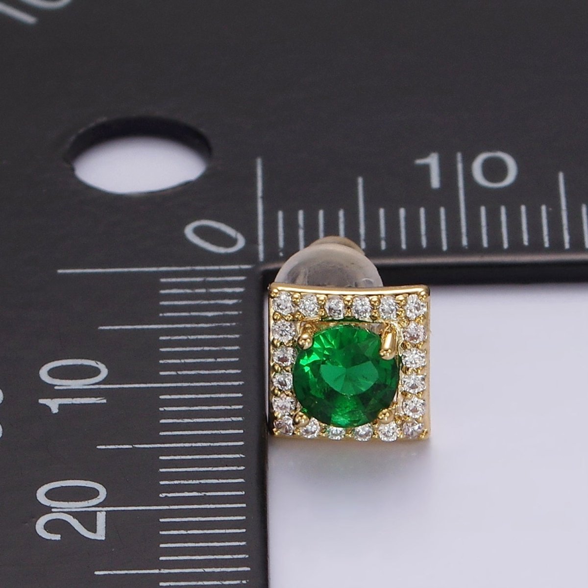 14K Gold Filled Green, Pink, Clear, Blue, Green CZ Micro Paved Square Stud Earrings in Gold & Silver | V320