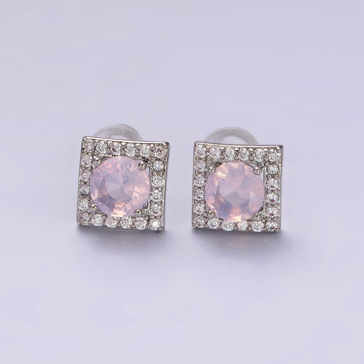 14K Gold Filled Green, Pink, Clear, Blue, Green CZ Micro Paved Square Stud Earrings in Gold & Silver | V320