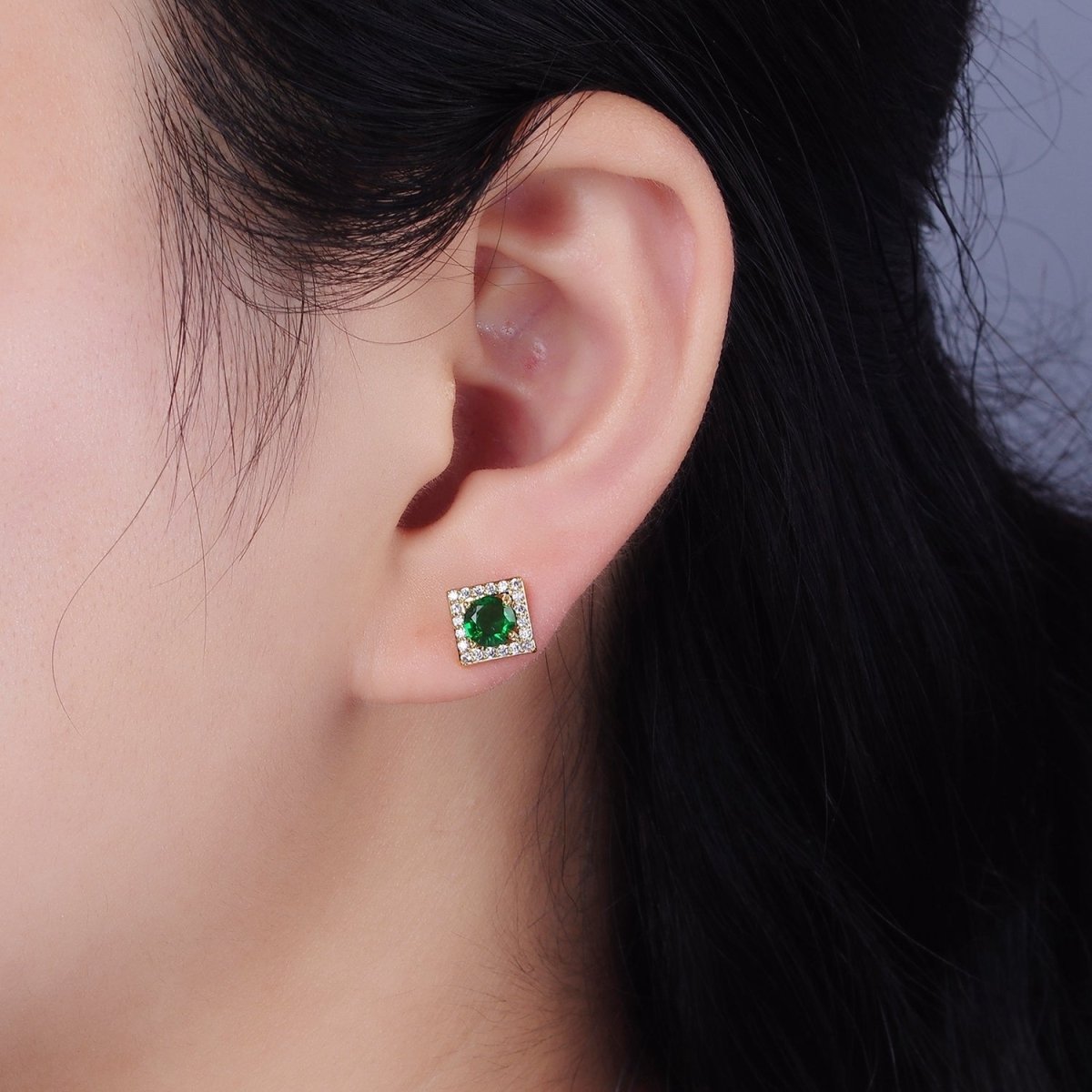 14K Gold Filled Green, Pink, Clear, Blue, Green CZ Micro Paved Square Stud Earrings in Gold & Silver | V320