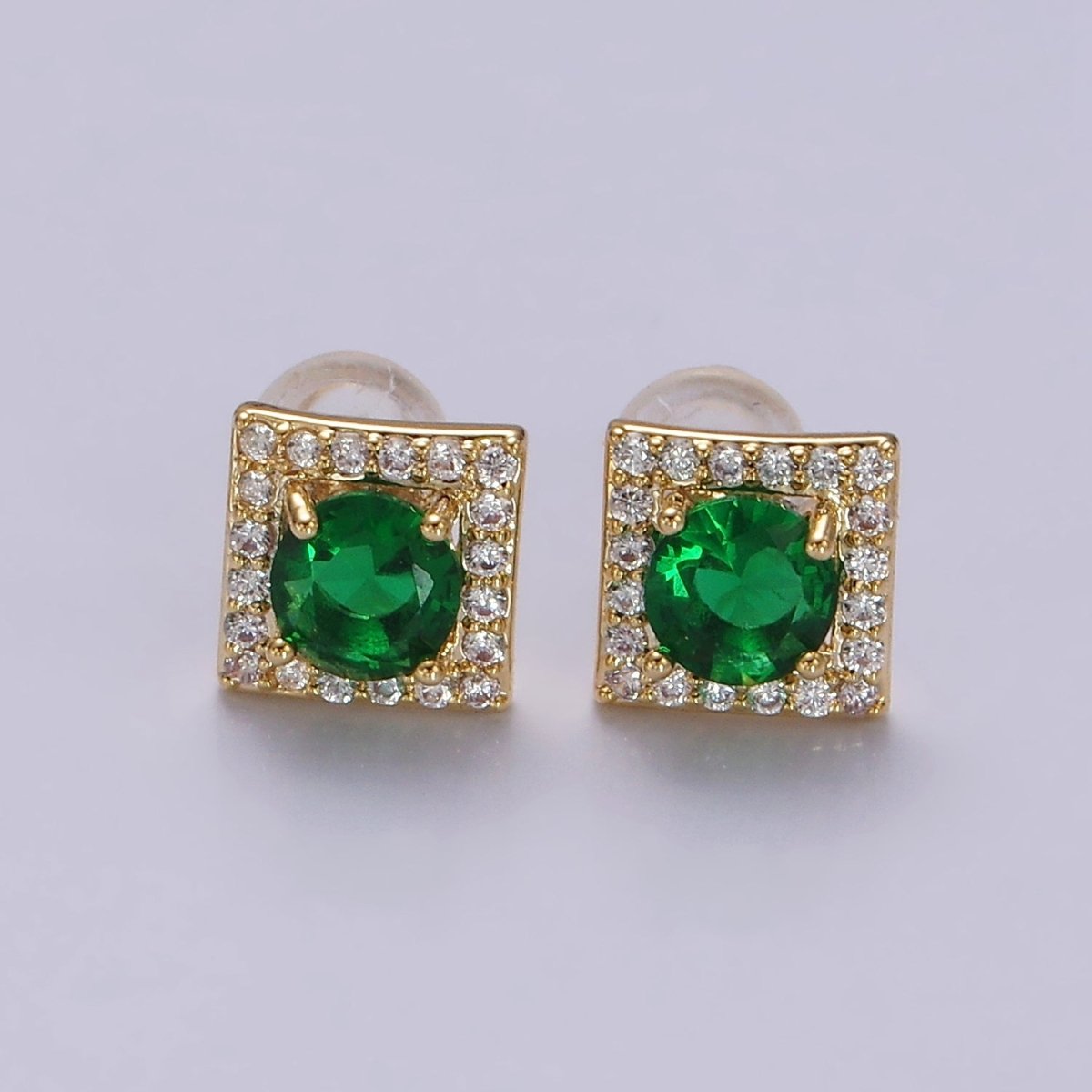14K Gold Filled Green, Pink, Clear, Blue, Green CZ Micro Paved Square Stud Earrings in Gold & Silver | V320