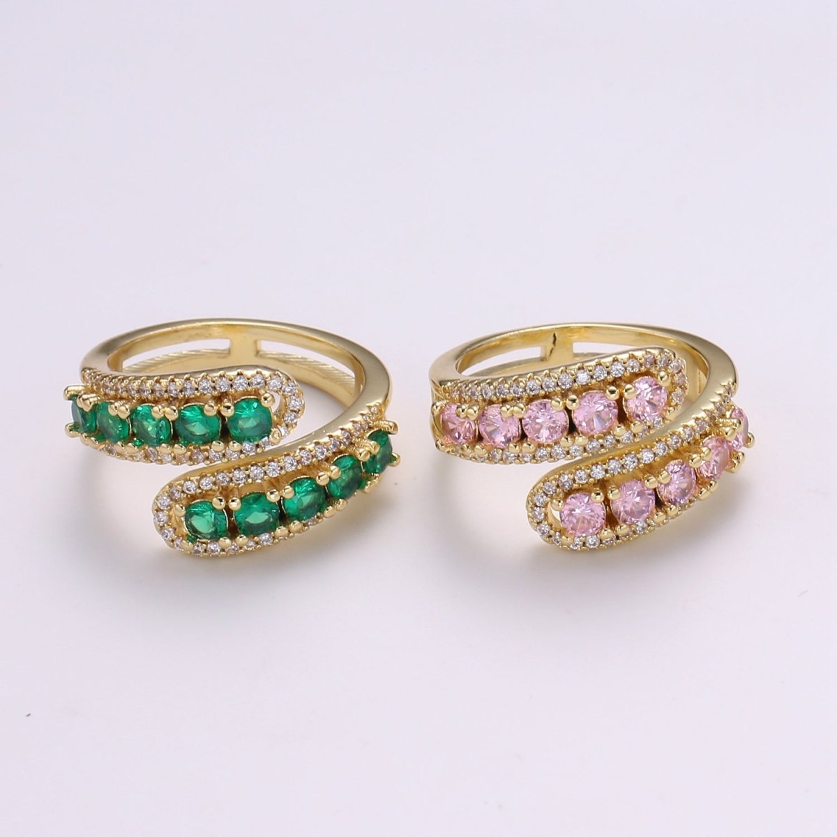 14K Gold Filled Green, Pink Round CZ Lined Micro Paved Double Band Wrap Ring | R496 R497