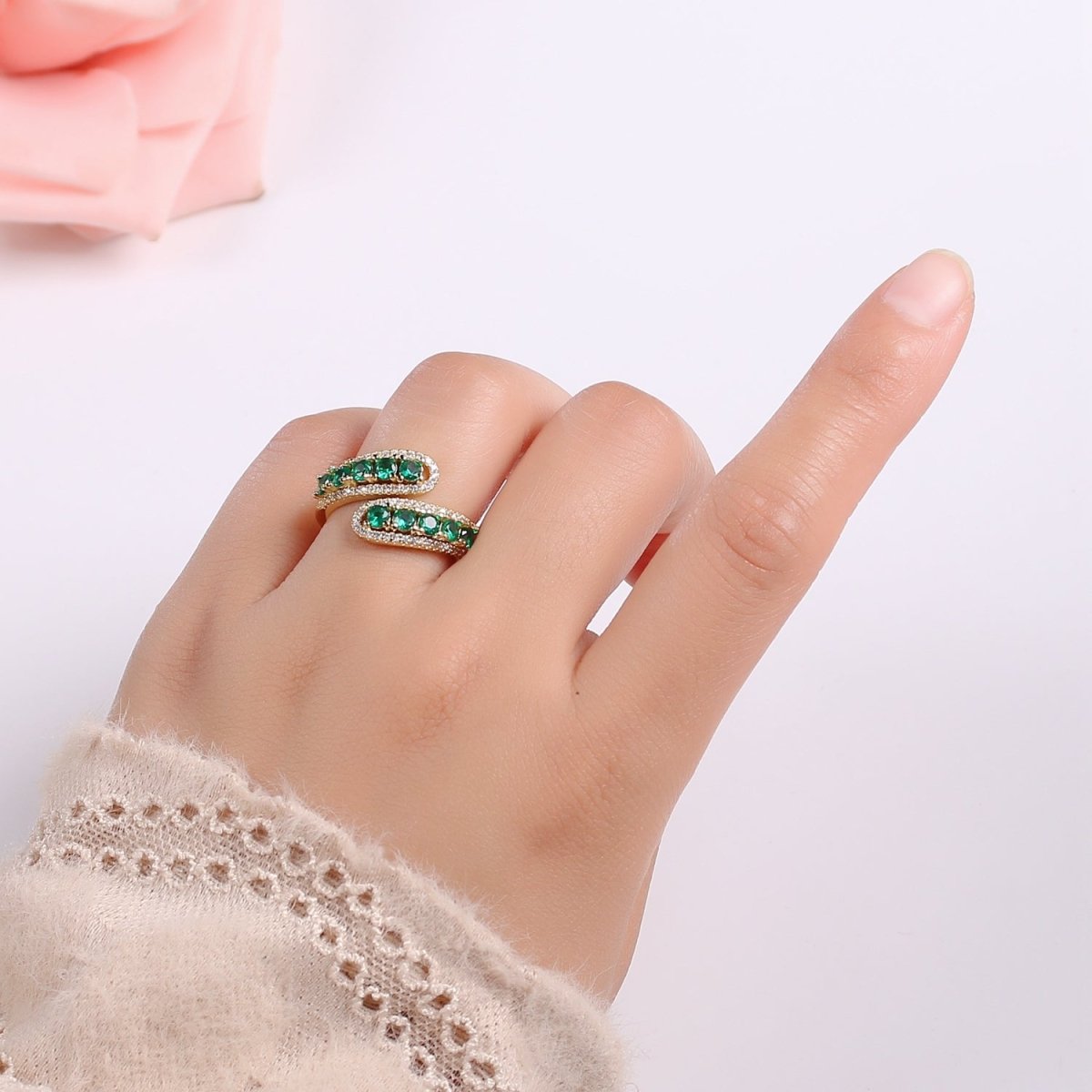 14K Gold Filled Green, Pink Round CZ Lined Micro Paved Double Band Wrap Ring | R496 R497