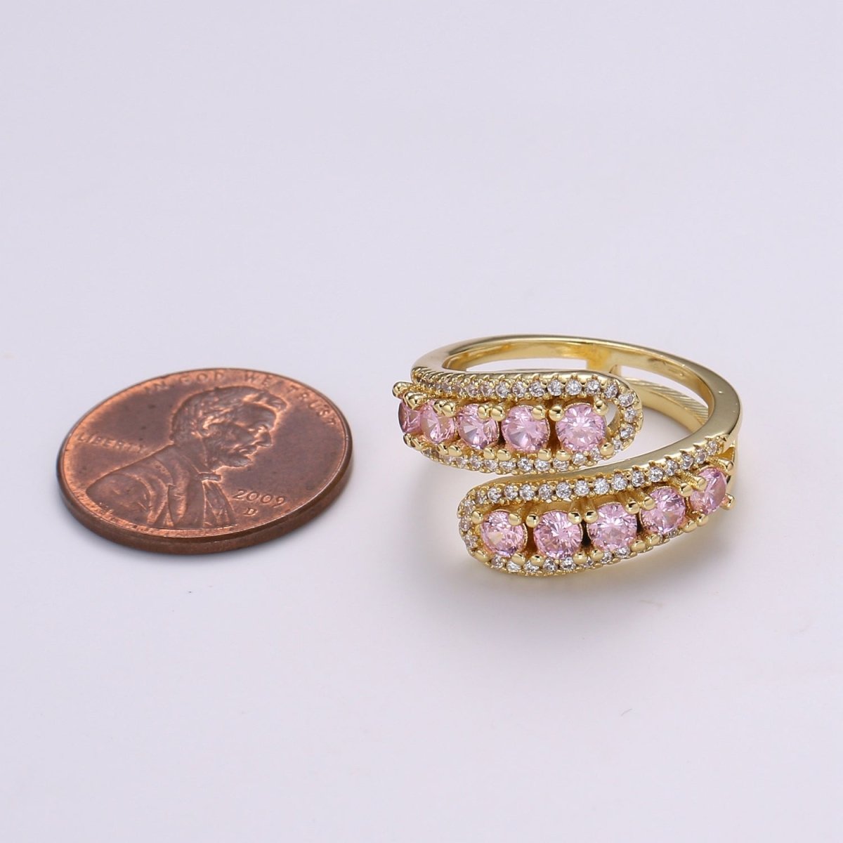 14K Gold Filled Green, Pink Round CZ Lined Micro Paved Double Band Wrap Ring | R496 R497