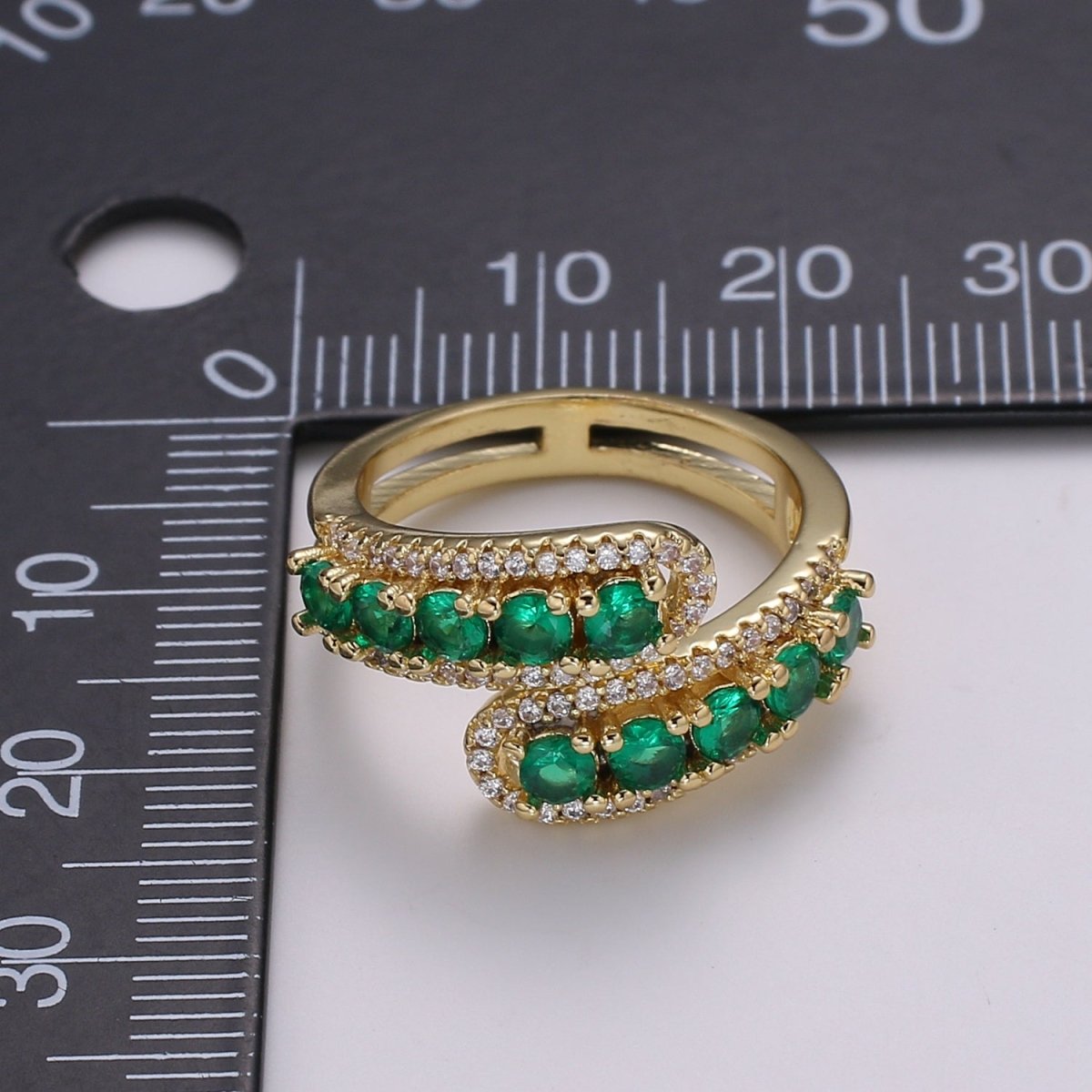 14K Gold Filled Green, Pink Round CZ Lined Micro Paved Double Band Wrap Ring | R496 R497
