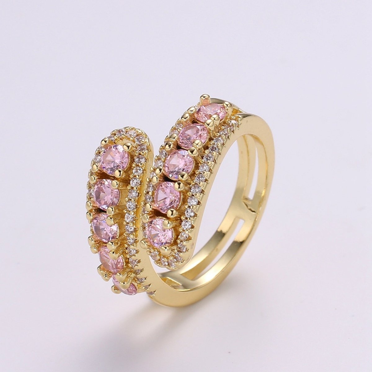 14K Gold Filled Green, Pink Round CZ Lined Micro Paved Double Band Wrap Ring | R496 R497
