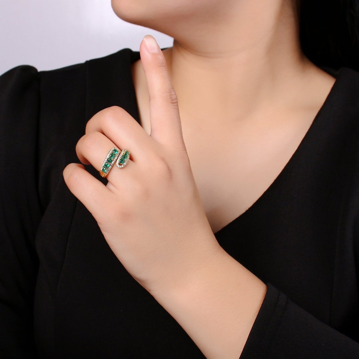 14K Gold Filled Green, Pink Round CZ Lined Micro Paved Double Band Wrap Ring | R496 R497