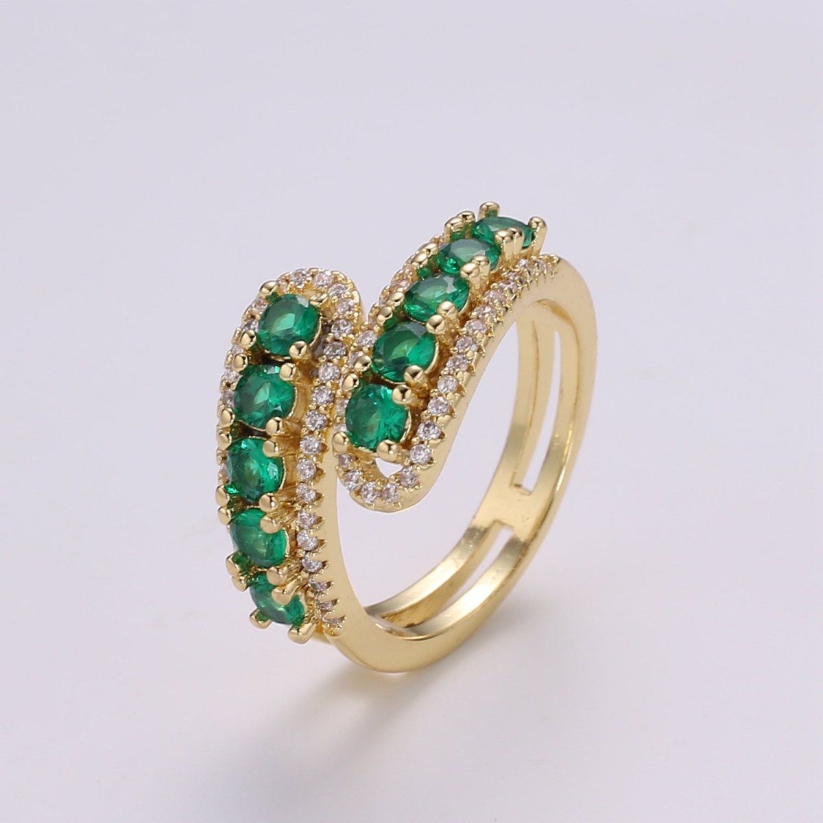 14K Gold Filled Green, Pink Round CZ Lined Micro Paved Double Band Wrap Ring | R496 R497