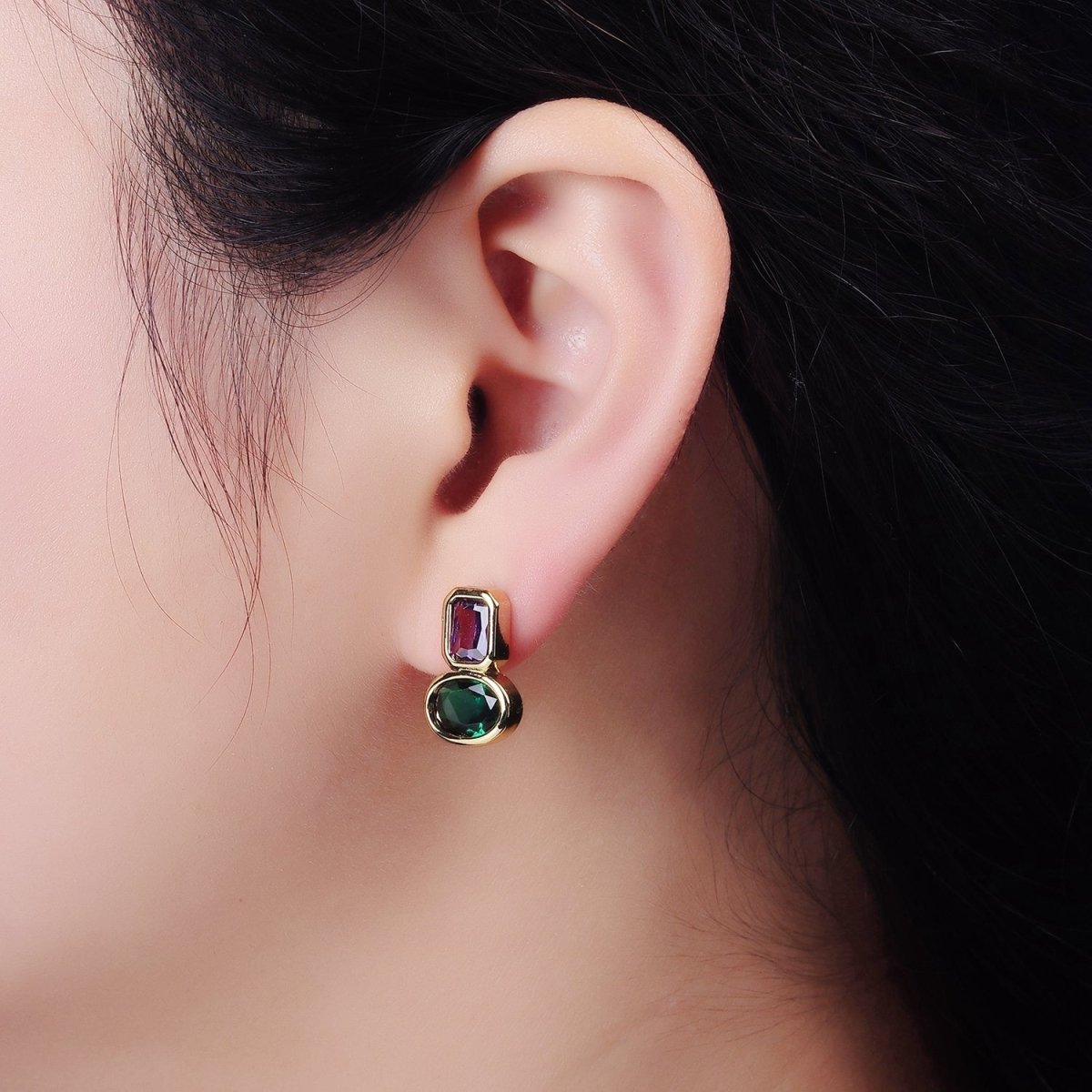 14K Gold Filled Green, Red CZ Oval Geometric Purple Baguette Stud Earrings | AD-446 AD-447