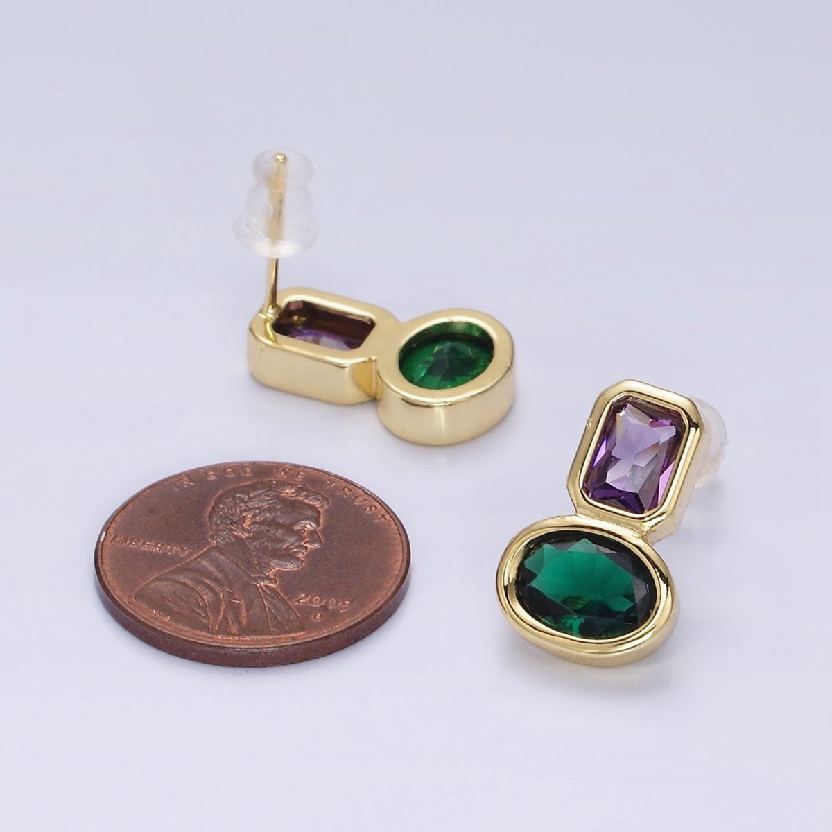 14K Gold Filled Green, Red CZ Oval Geometric Purple Baguette Stud Earrings | AD-446 AD-447