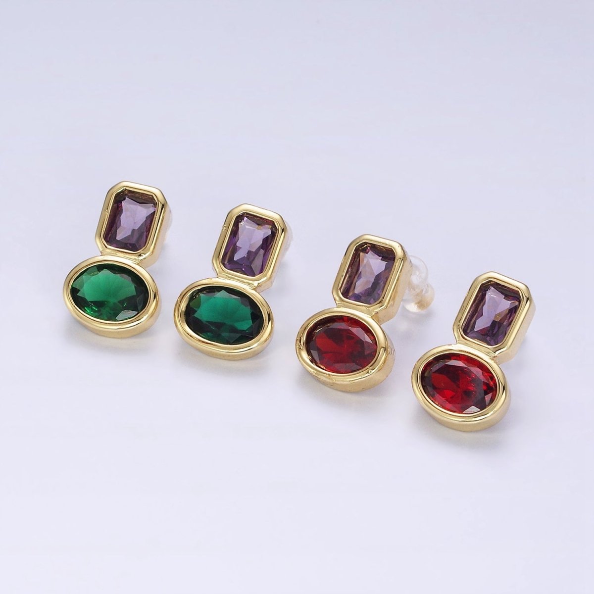 14K Gold Filled Green, Red CZ Oval Geometric Purple Baguette Stud Earrings | AD-446 AD-447