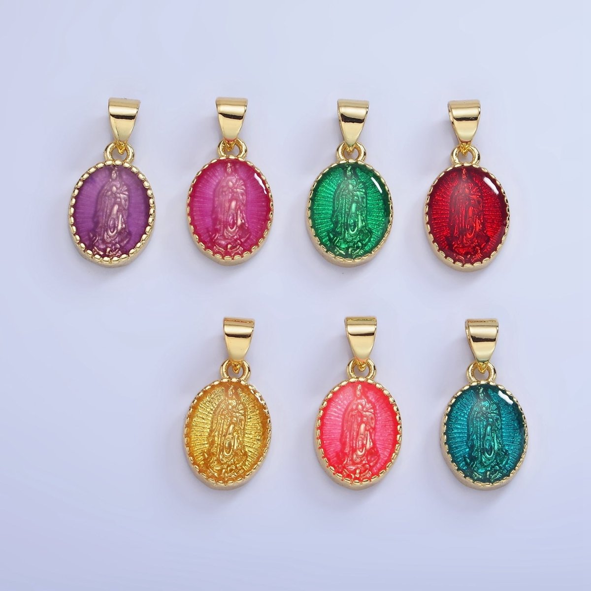 14K Gold Filled Green, Red, Pink, Purple, Teal, Yellow, Fuchsia Miraculous Lady Mary Pendant | AA1239 - AA1242