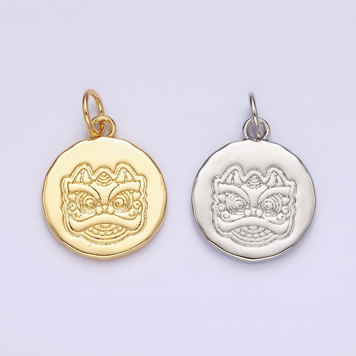 14K Gold Filled Guardian Chinese Lion Engraved Round Charm in Gold & Silver | N1515 N1516