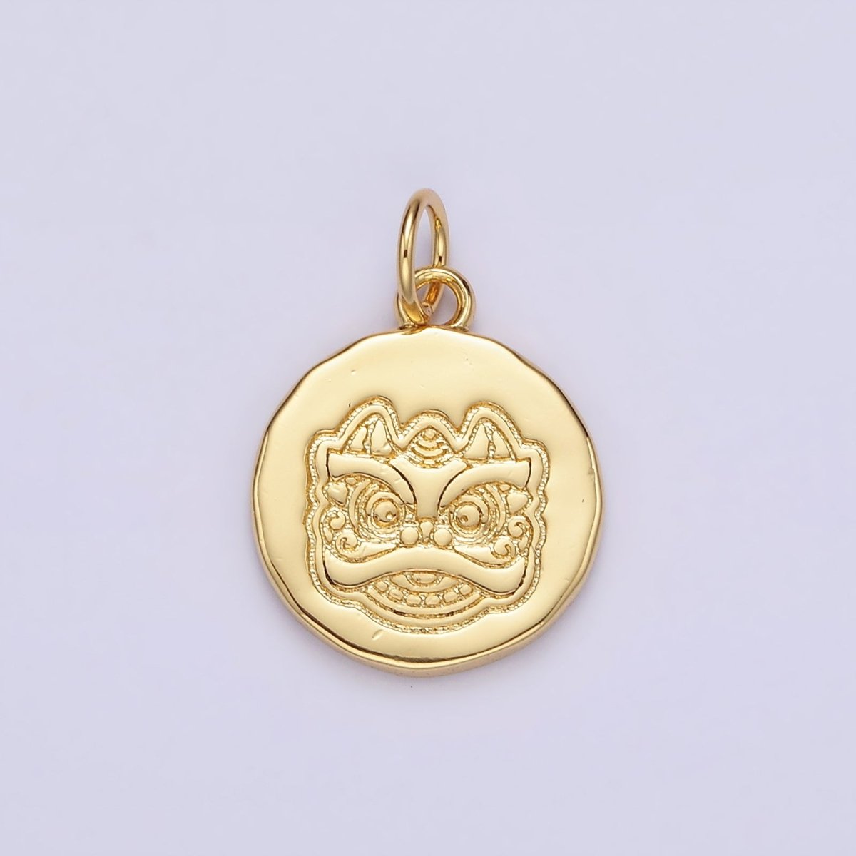 14K Gold Filled Guardian Chinese Lion Engraved Round Charm in Gold & Silver | N1515 N1516