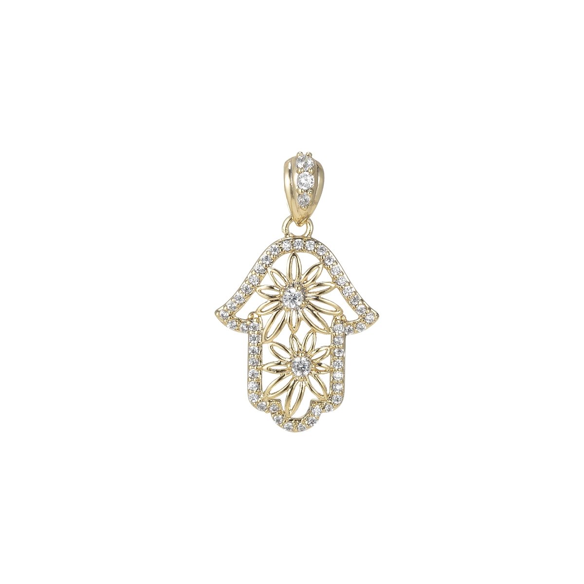 14k Gold Filled Hamsa Hand Pendant- Flower Floral Cubic Hamsa Hand Charm I-114 - DLUXCA