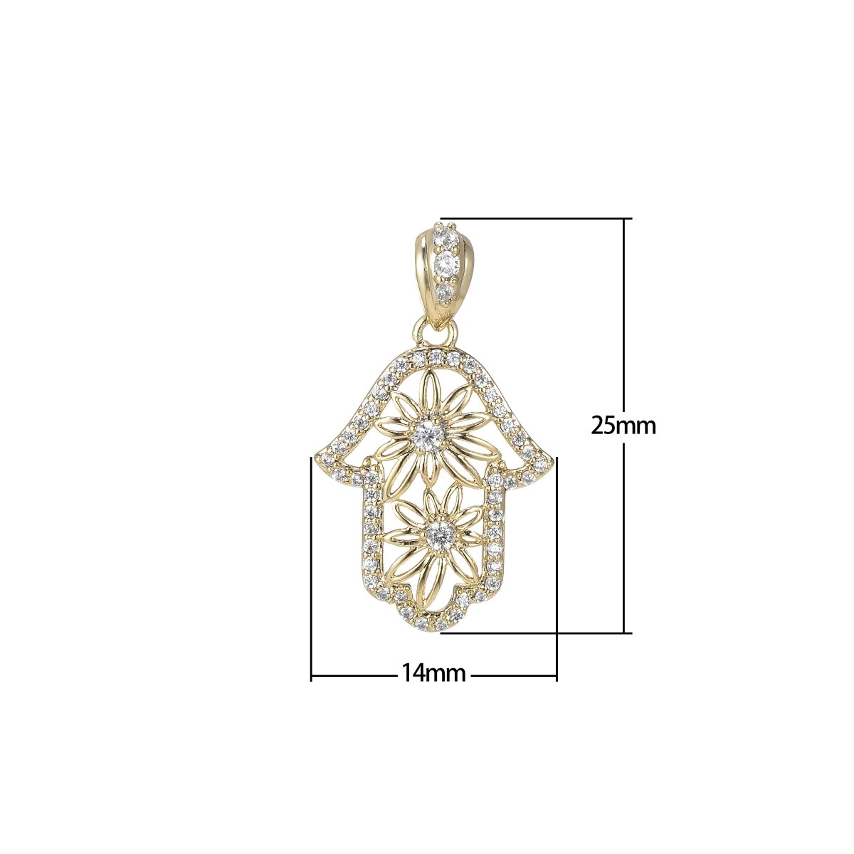 14k Gold Filled Hamsa Hand Pendant- Flower Floral Cubic Hamsa Hand Charm I-114 - DLUXCA