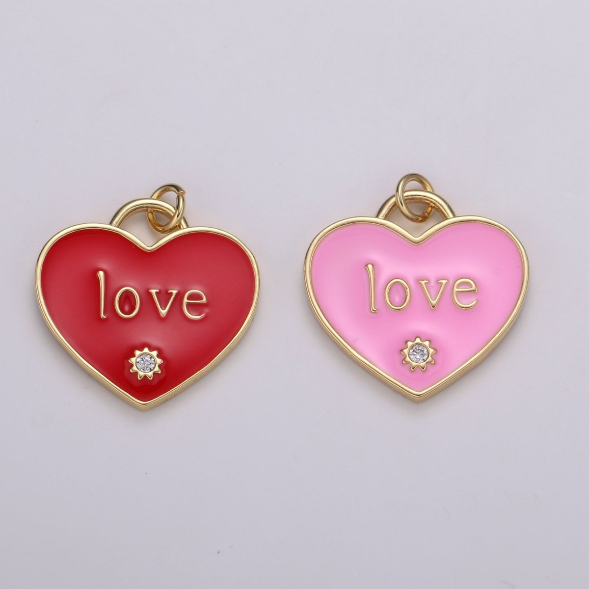 14K Gold Filled "LOVE" Script CZ Pink, Red Enamel Heart Charm | C119 C120