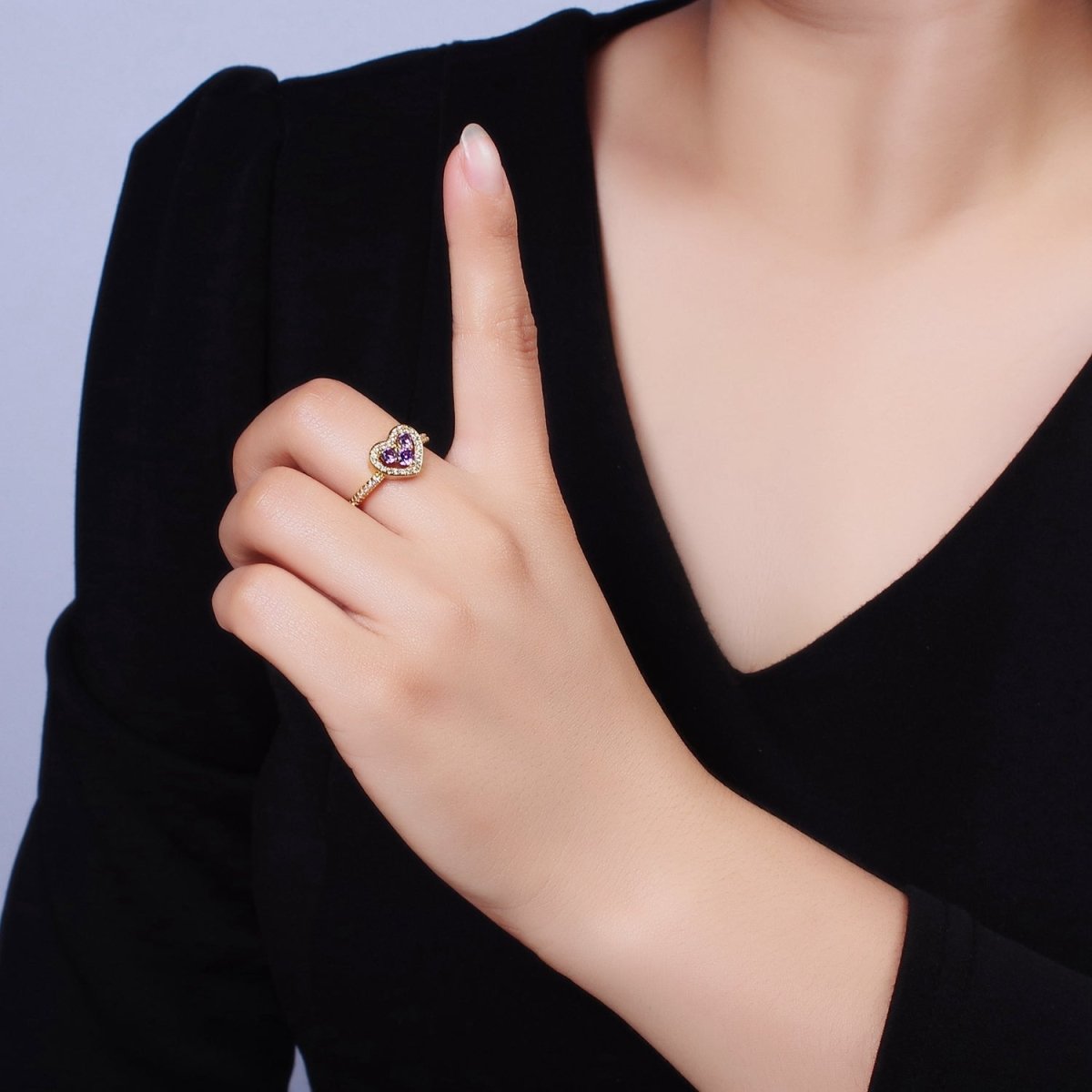 14K Gold Filled Heart Clear, Green, Fuchsia, Purple Micro Paved CZ Ring | O-575 ~ O-578