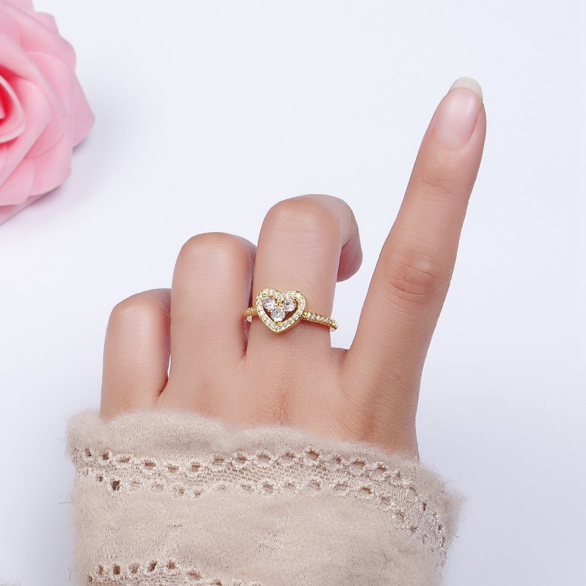 14K Gold Filled Heart Clear, Green, Fuchsia, Purple Micro Paved CZ Ring | O-575 ~ O-578