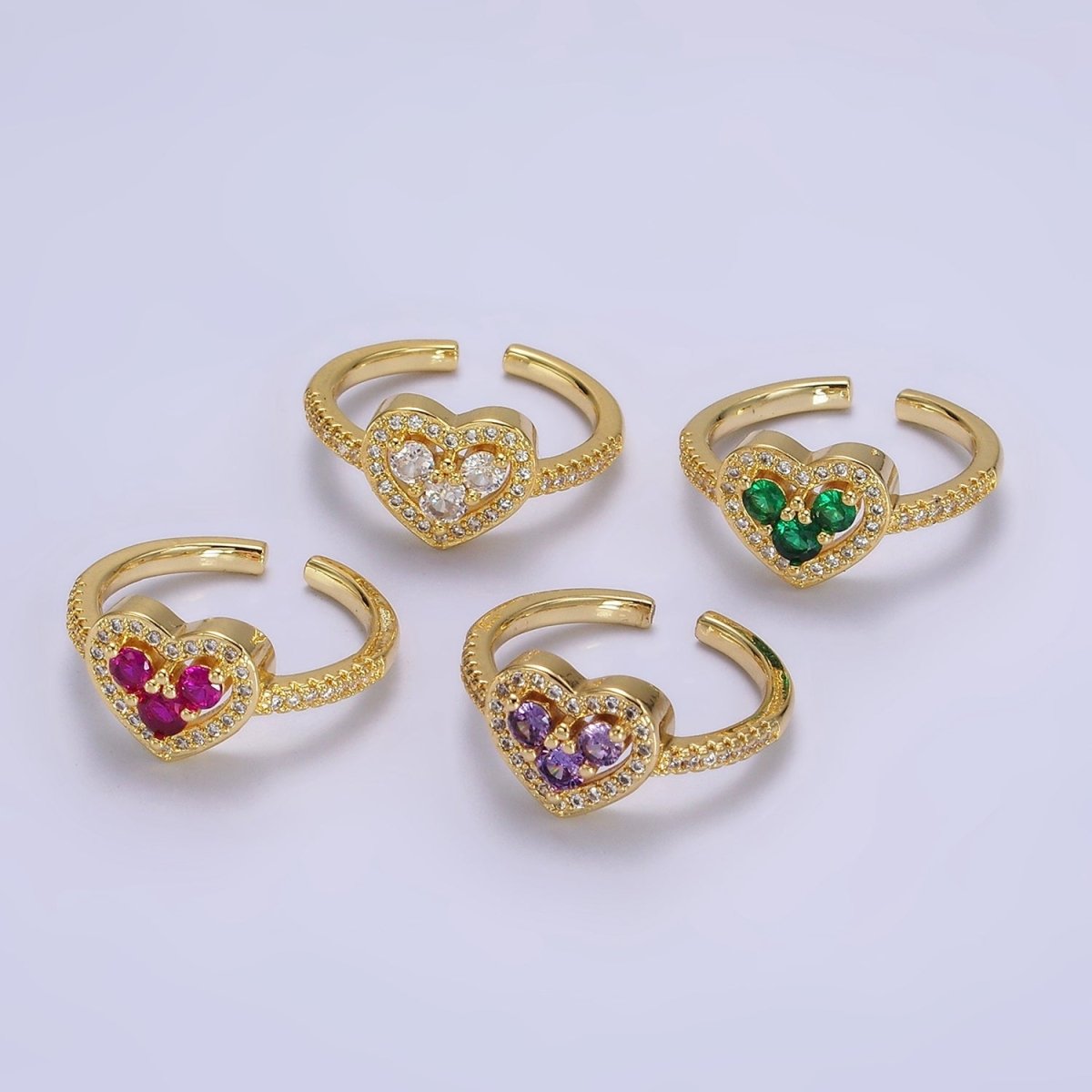 14K Gold Filled Heart Clear, Green, Fuchsia, Purple Micro Paved CZ Ring | O-575 ~ O-578