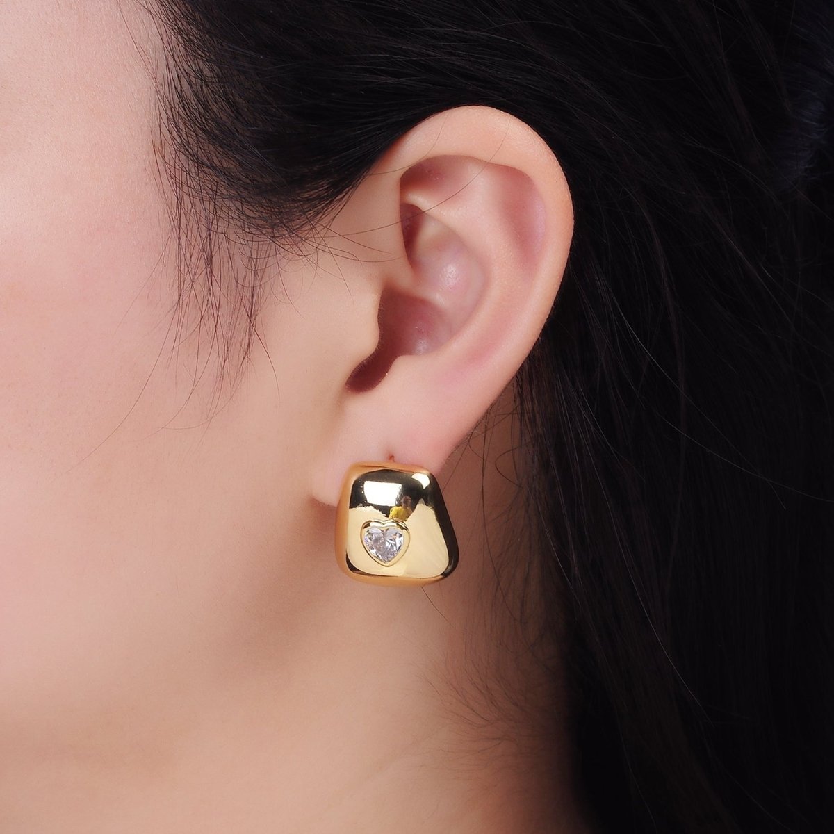 14K Gold Filled Heart CZ Square Dome Stud Earrings in Gold & Silver | Q312 Q313