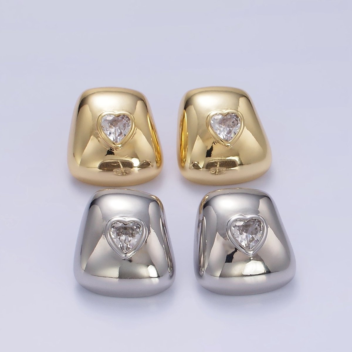 14K Gold Filled Heart CZ Square Dome Stud Earrings in Gold & Silver | Q312 Q313
