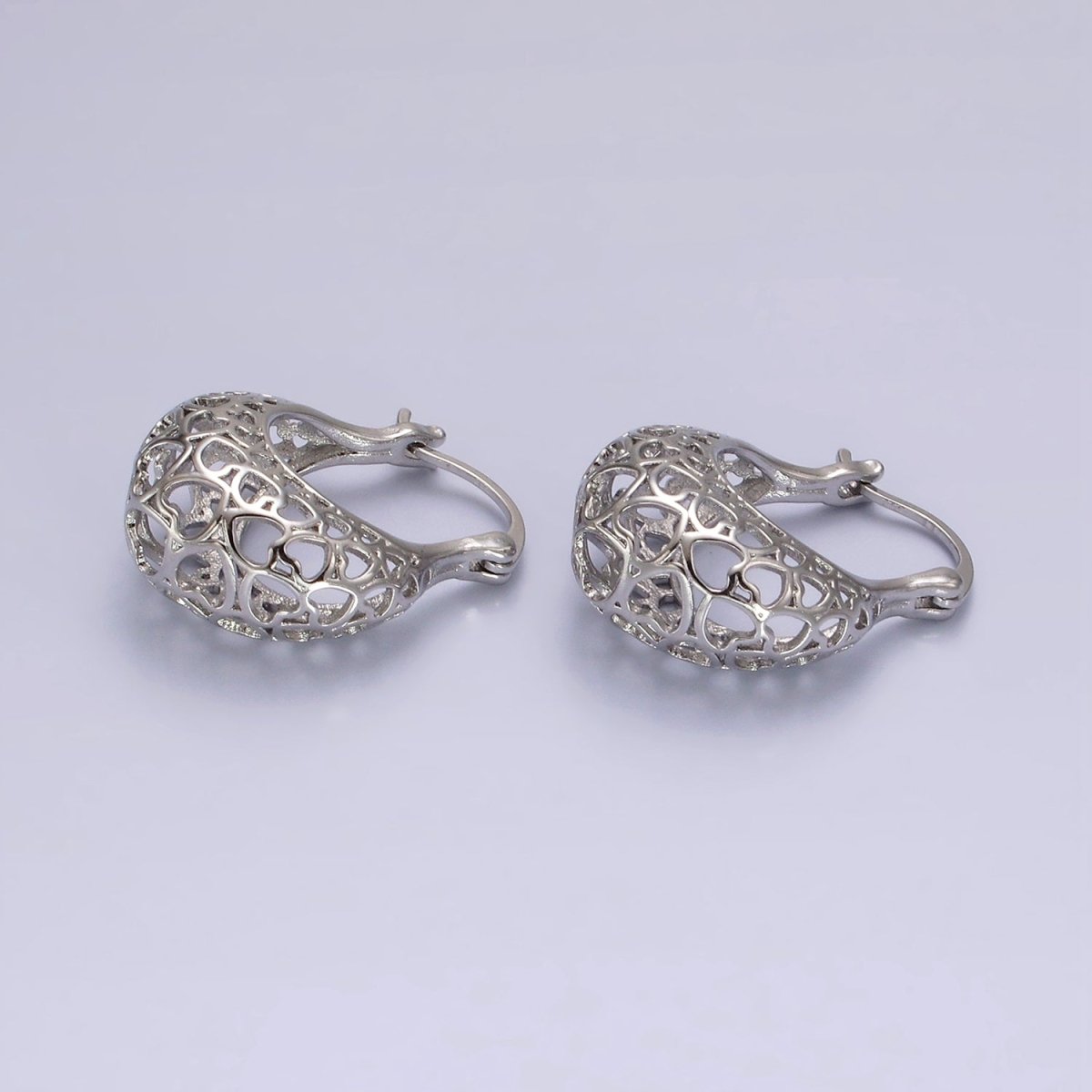 14K Gold Filled Heart Filigree Open Dome French Lock Latch Hoop Earrings | AE218