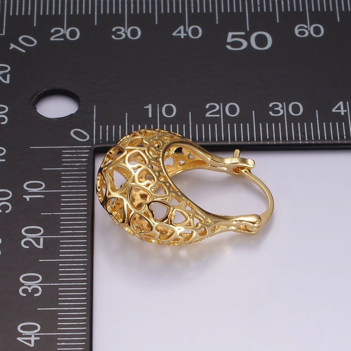 14K Gold Filled Heart Filigree Open Dome French Lock Latch Hoop Earrings | AE218