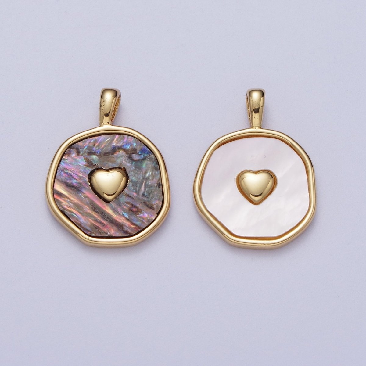 14K Gold Filled Heart Love Shell Pearl, Abalone Round Pendant I-430 I-546