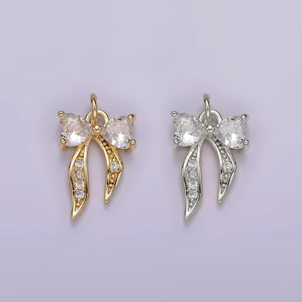 14K Gold Filled Heart Ribbon Bow Micro Paved CZ Charm Gold & Silver | AG505